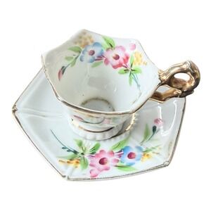 Occupied Japan Tea Cup Saucer Set Vintage Hexagonal Floral Porcelain Gold Trim